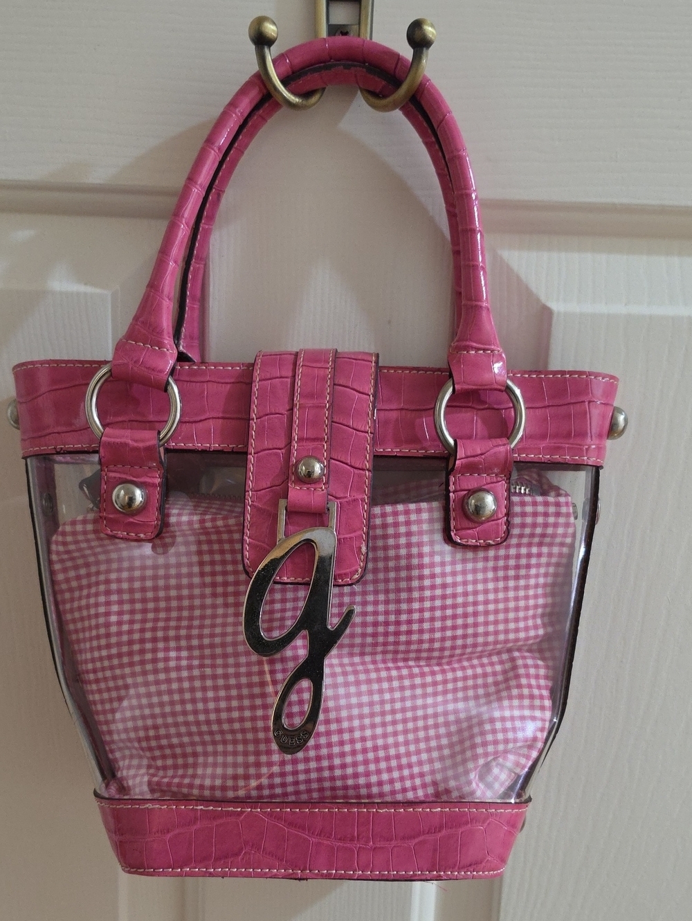VINTAGE Early 2000s GUESS Clear PVC Pink Gingham Handbag Rare - Size Medium